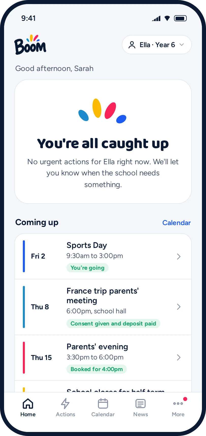 All caught up screen with upcoming events and confirmations