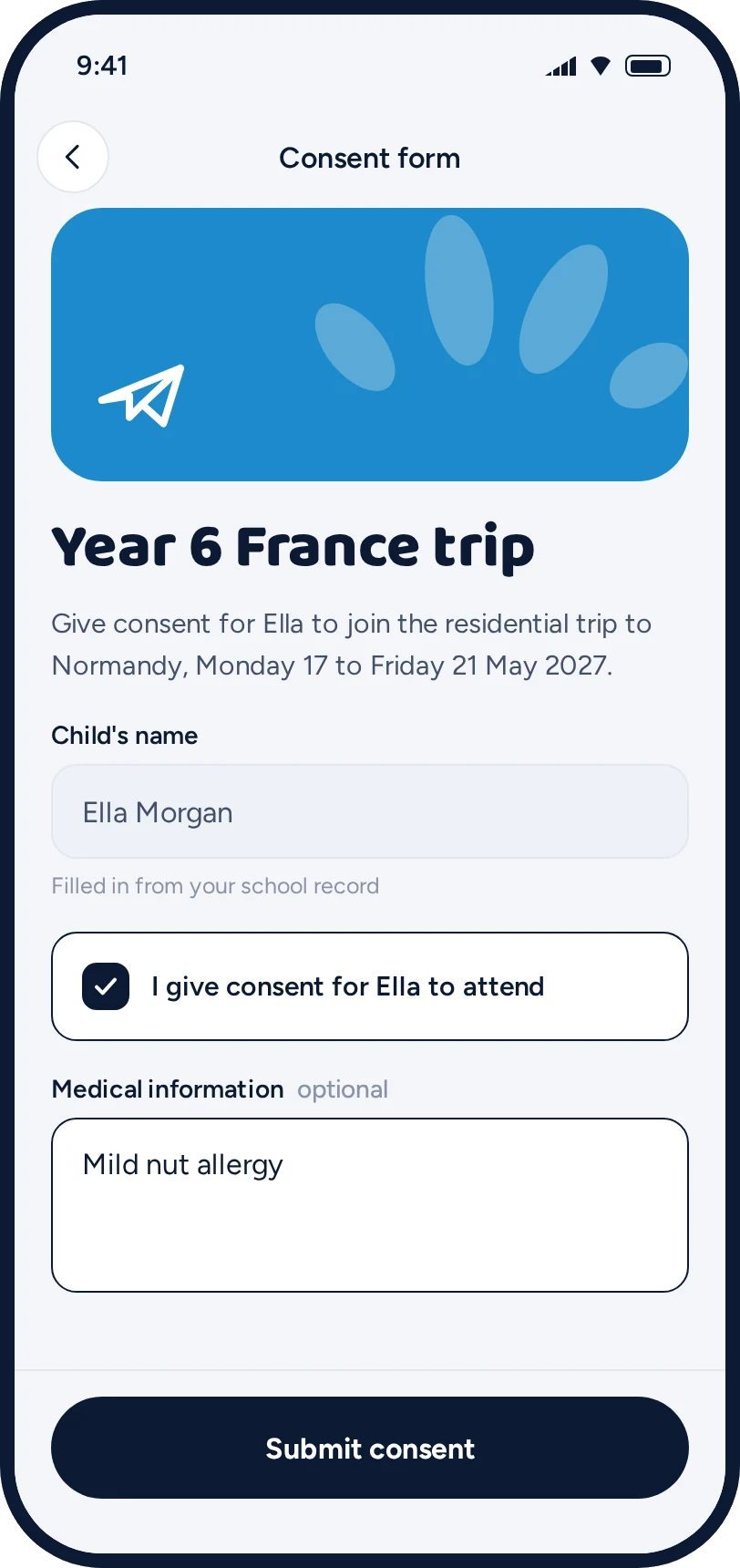 Trip consent form with a medical information field