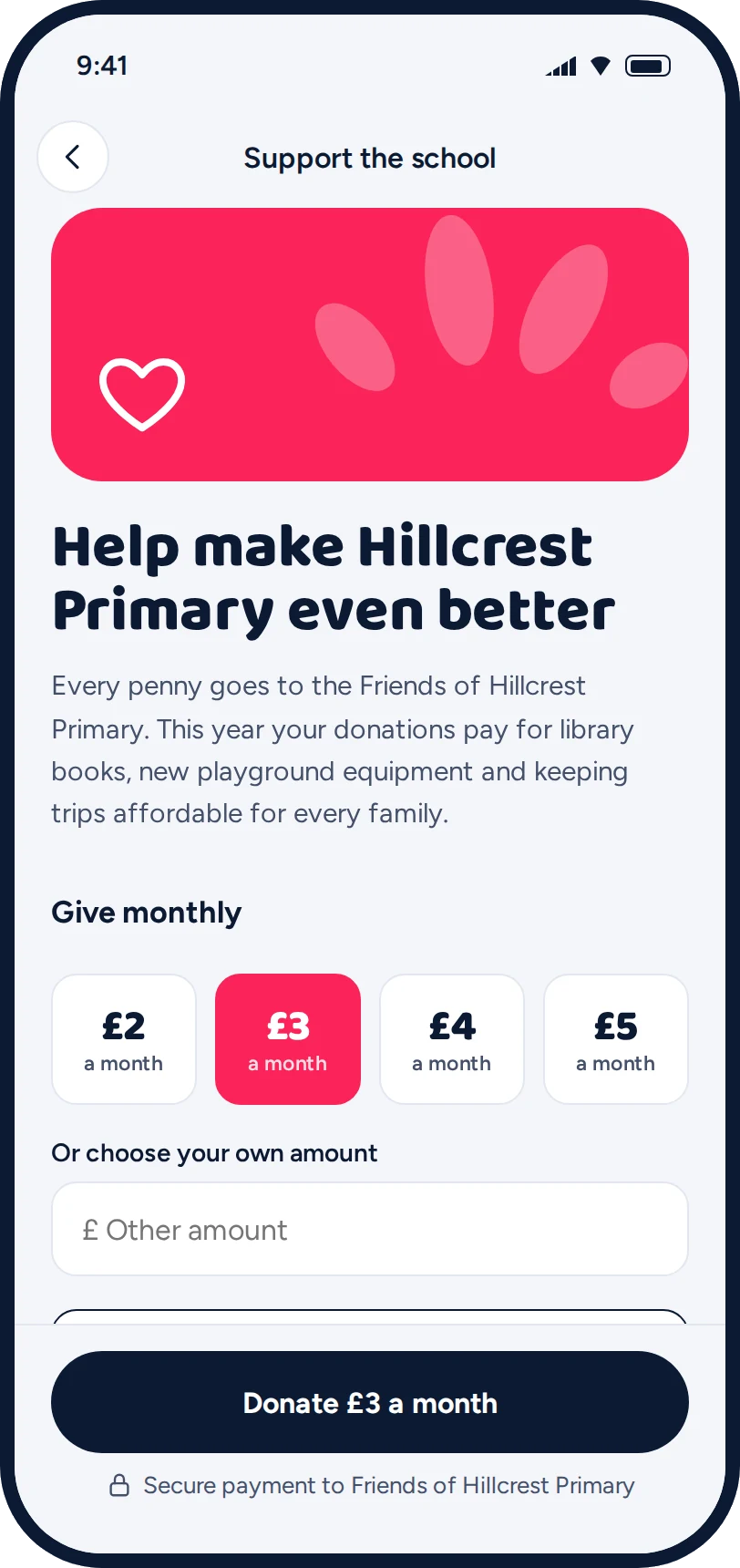 Optional monthly donation screen