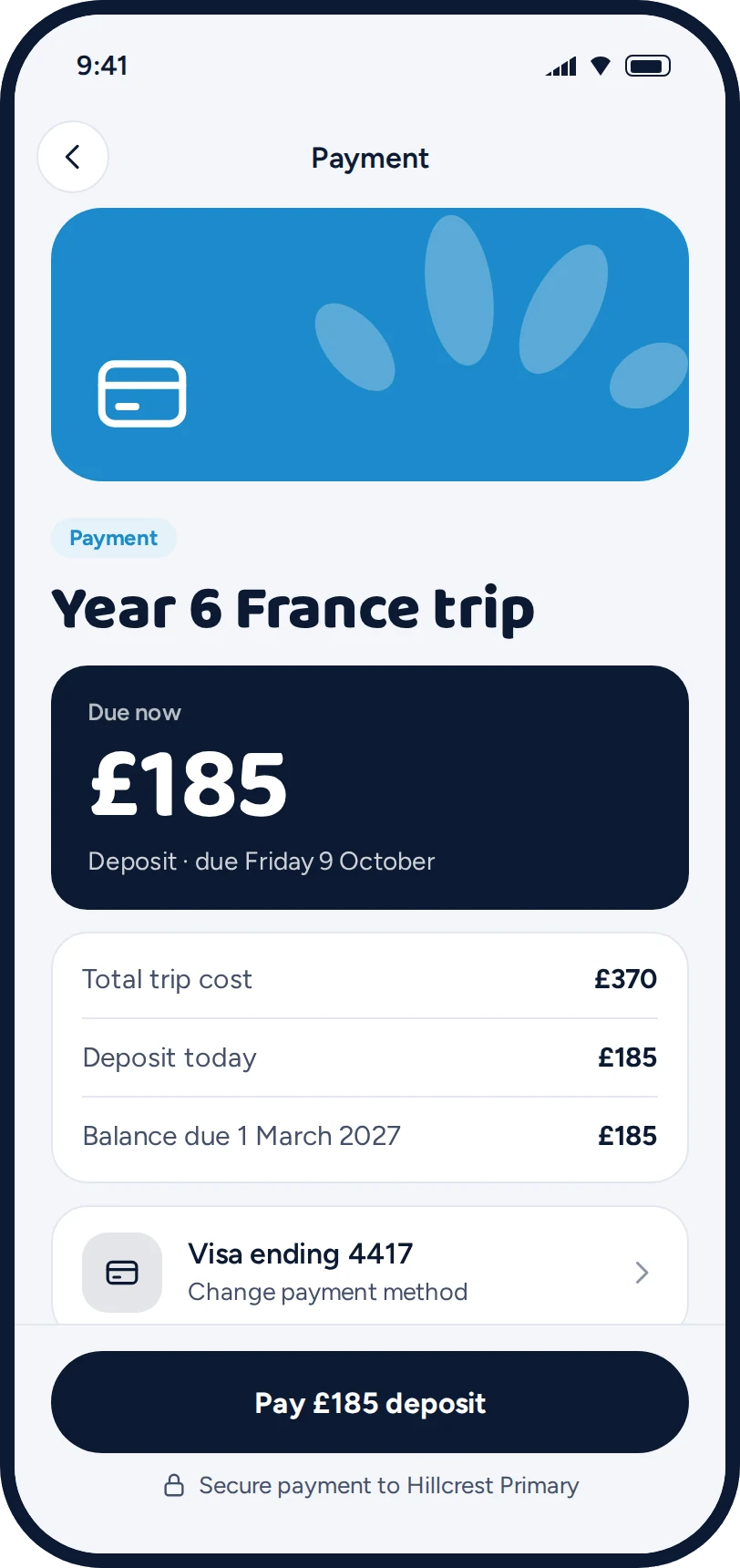 Trip deposit payment screen