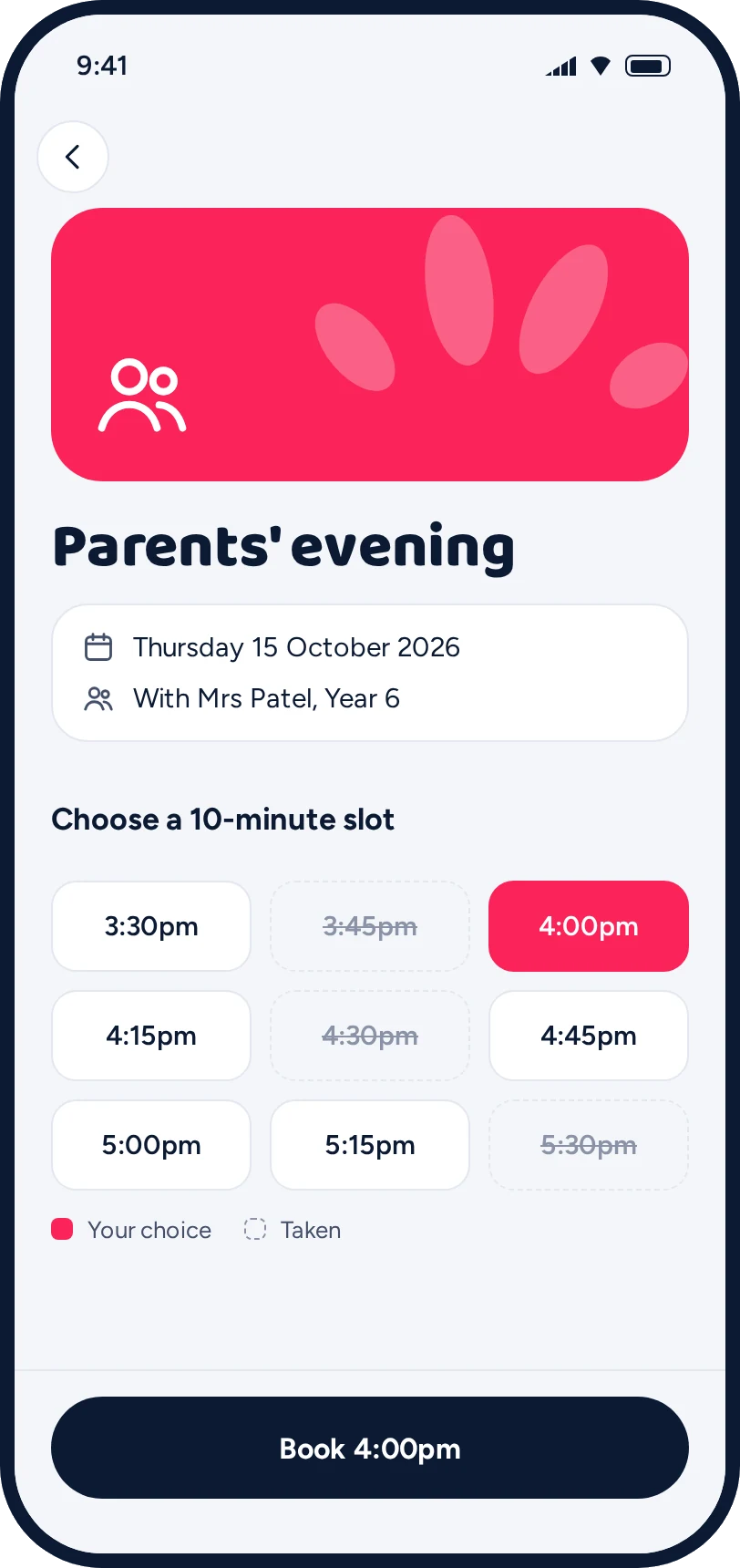 Parents' evening slot booking