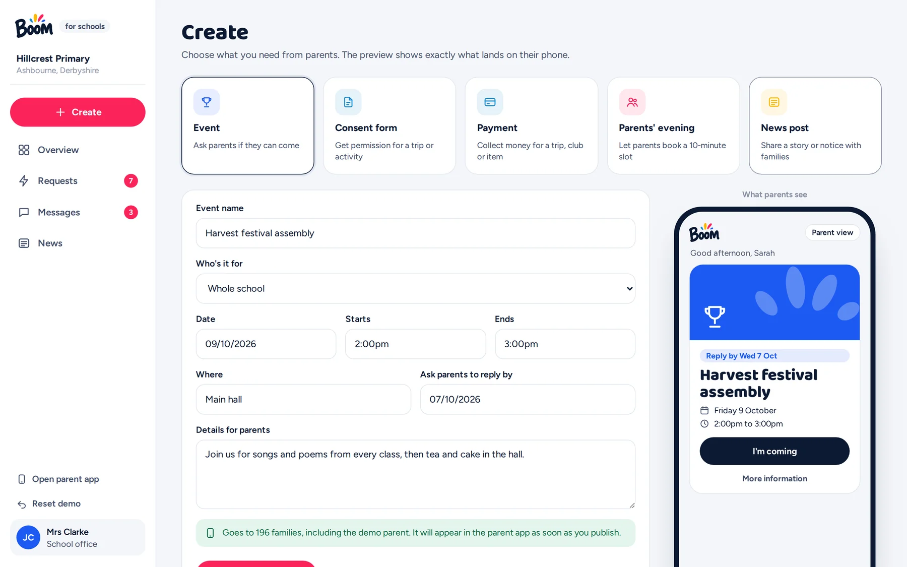 Creating a new event with a live preview of the parent's phone
